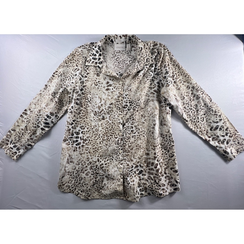 CHICO'S Size 2‎ Large NWOT No Iron 100% Cotton Top Tan Black White Animal Print